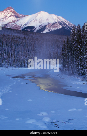 Rocheuses et la rivière Bow près du lac Louise au froid matin d'hiver sur l'aube Banque D'Images