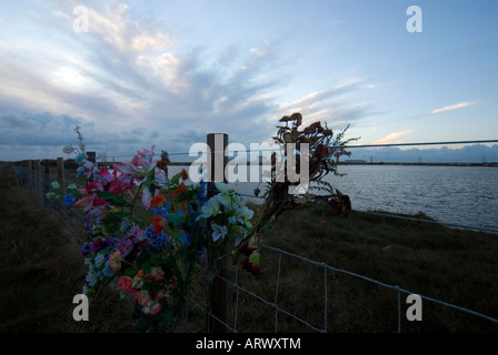 Un mélange de plastique et de vraies fleurs à gauche comme un mémorial au bord de la route à quelqu'un qui est mort à Dungeness Banque D'Images