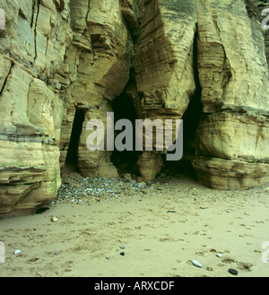 Les grottes dans les falaises calcaires de magnésium érodées par la mer ; Marsden Bay, près de South Shields, Tyne and Wear, England, UK. Banque D'Images