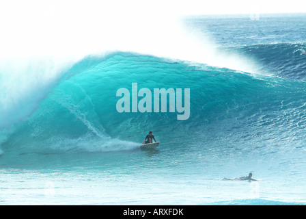 Le surf de Banzai Pipeline pendant les mois d'hiver à Ehukai Beach Park, rive nord de l'île d'Oahu Banque D'Images