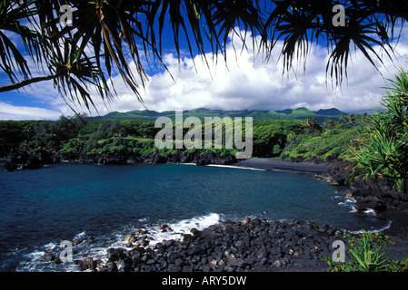 Plage de sable noir à Wainapanapa State Park, Hana, Maui. Banque D'Images