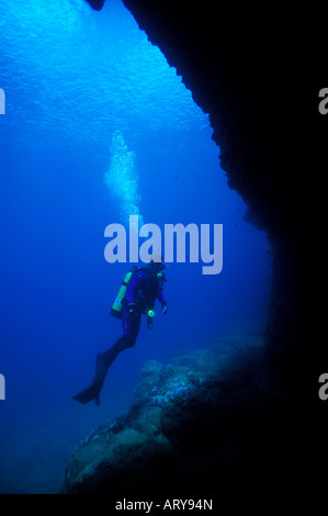 Les plongeurs d'explorer les formations géologiques et les tubes de lave de Pupukea, également connu sous le nom de requins Cove. C'est une vie marine Banque D'Images