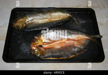 Kippers fumés entière traditionnelle sur une plaque de cuisson Banque D'Images