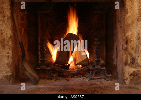 Anglais traditionnel typique de la combustion du bois de feu dans une cheminée Banque D'Images