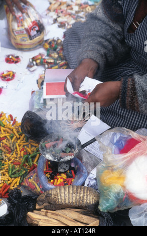 Aymara shaman se préparant à bénir des offrandes dans la fumée d'encens, festival Alassitas, la Paz, Bolivie. Armadillo andin (Chaetophractus nationi) en décrochage. Banque D'Images
