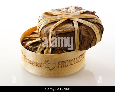 Bannon français fromage de chèvre mou dans les feuilles sur un fond blanc. Provence Banque D'Images