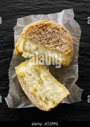 Les agriculteurs français, le fromage de chèvre coupé sur un fond noir. Normandie Banque D'Images