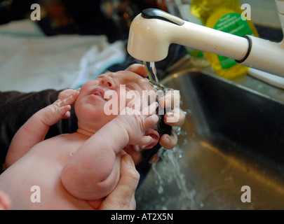 Nouveau-né caucasian baby boy baigné dans le lavabo Banque D'Images