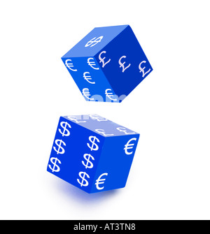Paire de dés avec les symboles de devises Banque D'Images
