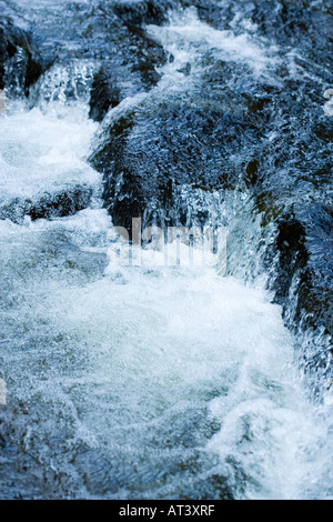 D'eau tourbillonnant sur les pierres dans un ruisseau au Pays de Galles Banque D'Images