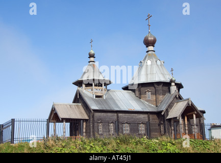 Église en bois sur l'île de Kunashir Kurilsk Yuzhno dans la chaîne d'îles Kouriles Extrême-Orient russe Banque D'Images