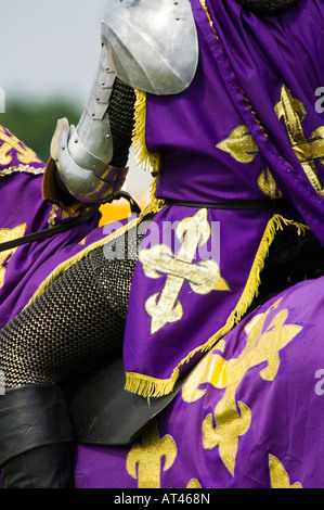 Chevalier à cheval à un événement de reconstitution médiévale période colorée montrant des armoiries détail Banque D'Images