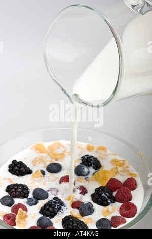 Flocons de maïs de céréales dans un bol en verre avec du lait versant sur les flocons de maïs et le petit déjeuner de fruits de baies pour les enfants au-dessus de personne verticale haute résolution Banque D'Images