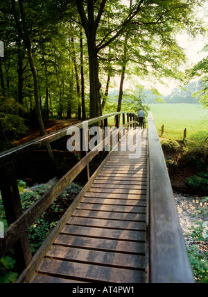 Wilmslow Cheshire UK Styal Norcliffe Hall Gardens woodland pont sur la rivière Bollin Banque D'Images