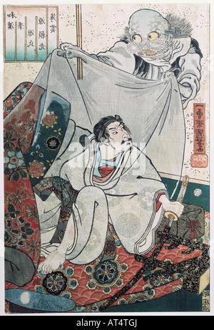 Beaux-arts, Utagawa Kuniyoshi,, (1798 - 1861), 'Minomoto Raiko et la masse des araignées, gravure sur bois en couleur, Japon, 1855, W. Netto Collection, Duesseldorf, , n'a pas d'auteur de l'artiste pour être effacé Banque D'Images