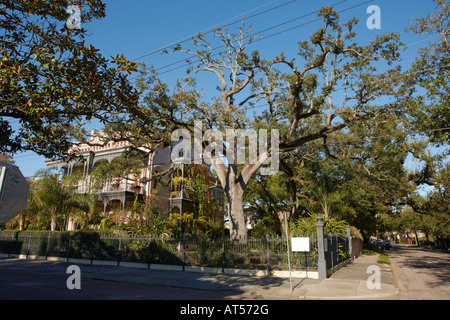 Vue extérieure d'une maison chic entourée de verdure luxuriante dans le Garden District de la ville de la Nouvelle-Orléans, Louisiane, États-Unis. Banque D'Images
