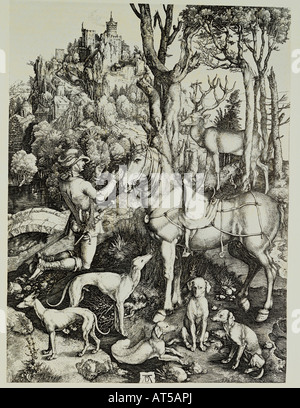 Beaux-arts, Dürer, Albrecht (1471 - 1528), gravure sur cuivre, 'Saint Eustache', vers 1501, 35,5 cm x 25,9 cm, collection privée, l'artiste n'a pas d'auteur pour être effacé Banque D'Images