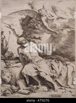 Beaux-arts, Ribera, Jusepe de (1591 - 1652), gravure, Saint Jérôme et l'Ange, 1622, collection privée, , n'a pas d'auteur de l'artiste pour être effacé Banque D'Images