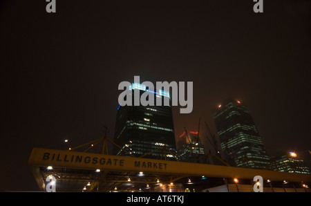 Marché de Billingsgate de nuit avec Canary Wharf derrière Banque D'Images