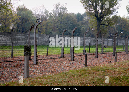 Europe Pologne Auschwitz Birkenau State Museum et de barbelés électrifiés clôture en béton ancien allemand nazi de Concentration Banque D'Images