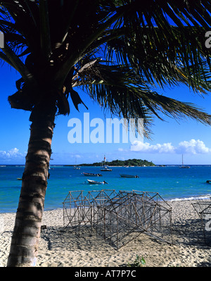 Des casiers à homard sur plage avec palmier, mer des Caraïbes et l'Ilet-à-île Gosier, Guadeloupe, French West Indies, Petites Antilles, iles sous le vent Banque D'Images