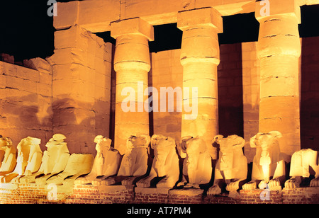 Le Temple de Karnak allumé pour le SPECTACLE SON ET LUMIÈRE de Louxor sur la rive est du Nil Egypte Banque D'Images