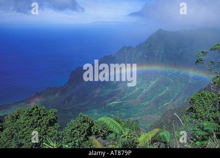 Kalalau valley luxuriantes avec arc-en-ciel sur la côte de Na Pali Kauai Banque D'Images