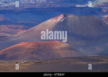 Le Parc National de Haleakala, Maui. Les cavaliers serpentent entre des cônes en cratère volcan dormant sur des sentiers de sables bitumineux, également Banque D'Images