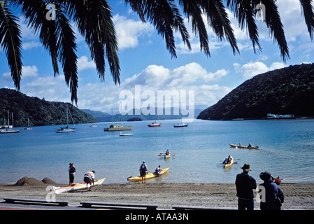 Les kayakistes se lancer de Picton Nouvelle-zélande titre pour les Marlborough Sounds Banque D'Images