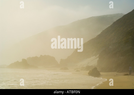 Enveloppée de brouillard collines et falaises au coucher du soleil le long de Pfeiffer Beach côte de Big Sur le comté de Monterey Californie Banque D'Images