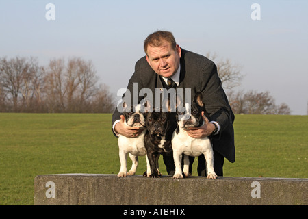 Bouledogue français (Canis lupus f. familiaris), l'homme et trois chiens mâles Banque D'Images