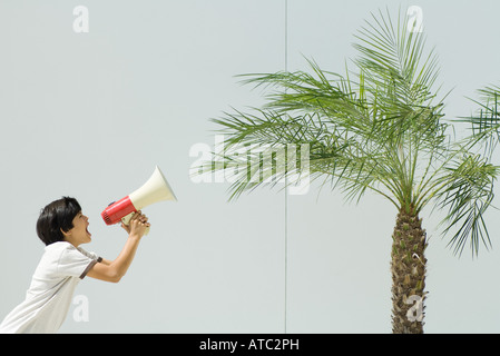 Garçon hurler sur palm tree with megaphone Banque D'Images