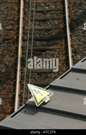 Rails de chemin de fer avec protection haute tension à partir de pont Banque D'Images