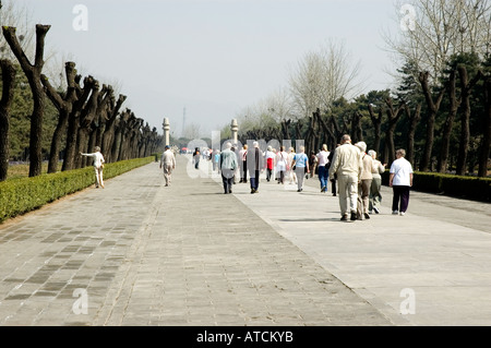 Les touristes à marcher le long de la Voie Sacrée vers deux colonnes hexagonale avec le sommet arrondi appelé Wang Zhu, Tombeaux des Ming, Chine Banque D'Images