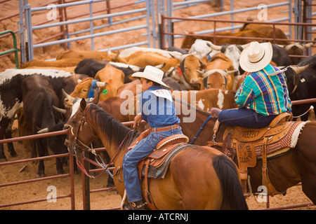 Les jeunes coureurs attendent leur tour pour participer à l'événement de flexion pôle tous les Indian Rodeo Gallup Inter Tribal Indian Ceremonial Gal Banque D'Images