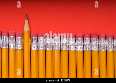 Un crayon bien aiguisé au milieu d'un nombre de crayons gomme jusqu Banque D'Images