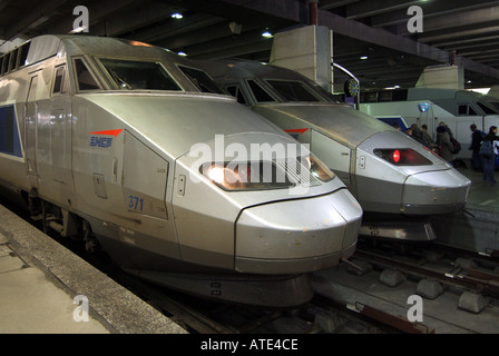 Gare de Paris Gare Montparnasse Gare et terminal français avec locomotives TGV à grande vitesse à côté des quais en France Banque D'Images