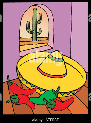 Illustration : clichés mexicains : piments rouges et verts, Mexican Hat et cactus. Banque D'Images