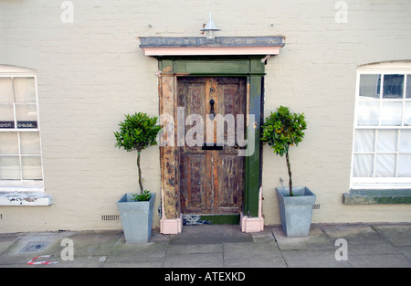 Porte avant avec de la peinture brûlée en partie de maison de style georgien avec des arbustes en pots à l'extérieur de Ludlow Shropshire Banque D'Images