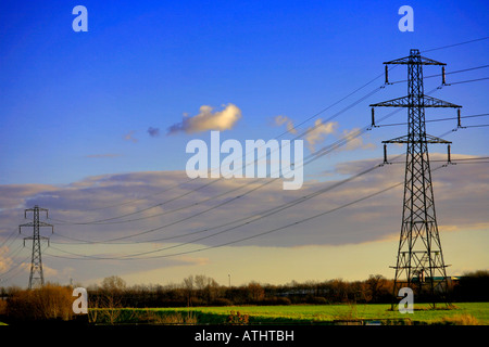 Pylône de l'électricité du réseau national de la UK champ montrant notre empreinte carbone grâce à l'alimentation de l'électricité Banque D'Images