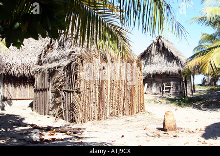 Des cabanes de chaume Garifuna, dans le village de Miami en Parque Nacional Punta Sal/Jeanette Kawas près de Tela sur la côte nord du Honduras. Banque D'Images