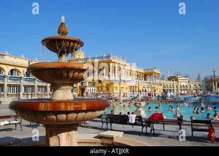 Piscine thermale de plein air, des bains Szechenyi, Parc de la ville (Varosliget), Budapest, Hongrie centrale, région de la République de Hongrie Banque D'Images