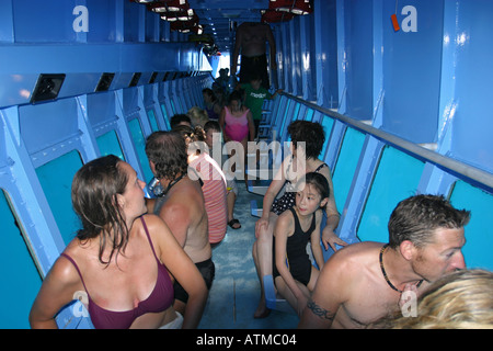 Les touristes regardent par les fenêtres d'une semi submersible bateau sur le récif extérieur Hastings Grande Barrière de corail en Australie Banque D'Images