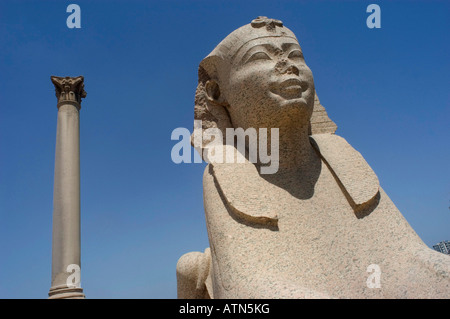 La colonne de Pompée et sphinx de le Serapeum construit dans AD 293 à Alexandrie en Égypte Banque D'Images