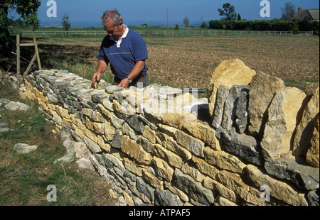 Un artisanat traditionnel l'édification d'un mur en pierre sèche dans les Cotswolds à partir de pierres locales avec un cadre en bois. Banque D'Images