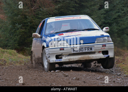 Voiture de rallye sur une forêt spécial étape d'un rallye sport automobile Banque D'Images