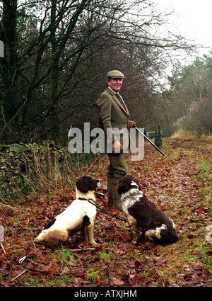 Monsieur avec ses chiens à la Ford pousse dans les Cotswolds Banque D'Images