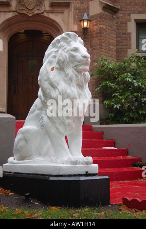 Lion blanc en face d'une maison fraternité dans l'Université de Washington à Seattle Banque D'Images