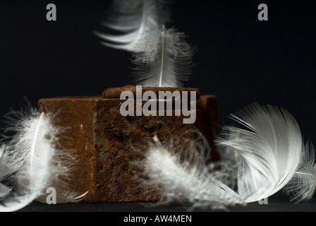 Stock photo de plumes blanches tombant sur un vieux rusty poids 1kg Banque D'Images