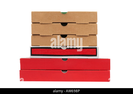 Les boîtes en carton des pizzas isolé sur fond blanc Banque D'Images